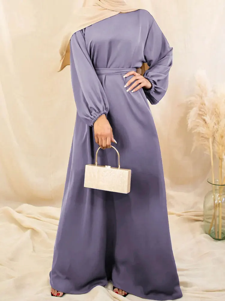 

Satin Abaya Long Dress for Women Ramadn Eid Islamic Clothing Belted Prayer Robe Muslim Dubai Closed Abayas Turkish Modest Kaftan