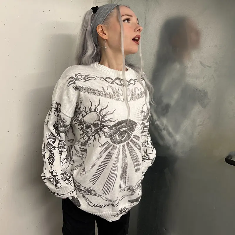 

Y2k High Street Sweater Vintage Distressed Skull Graffiti Knitted Pullovers Women Harajuku Causal Loose Sweatshirt 2022 Autumn