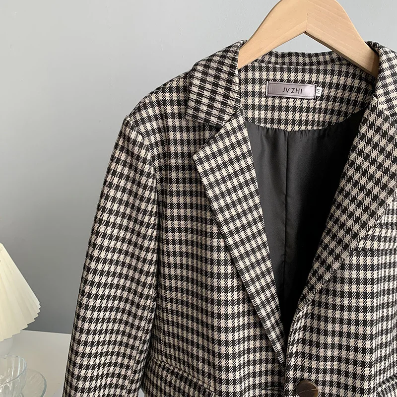 Vintage Plaid Women's Blazer Jackets Office Lady Work Wear Outerwear Single-breasted Loose Casual Suit Coats Female