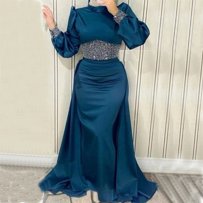 

Muslim Teal Mermaid Evening Dresses for Women 2023 High Neck Long Sleeve Sweep Train Crystal Beading Formal Prom Party Gowns