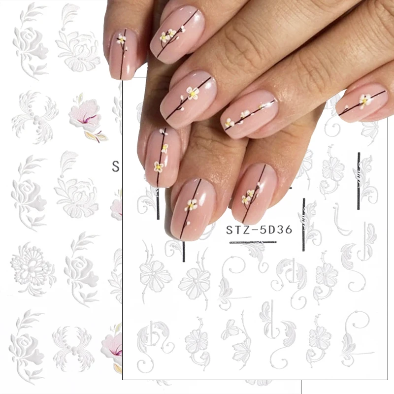 

5D Flowers Embossed Nail Sticker White Wedding Flower Lace Design Adhesive Decals Summer Nail Glitter Slider Nail Accessories