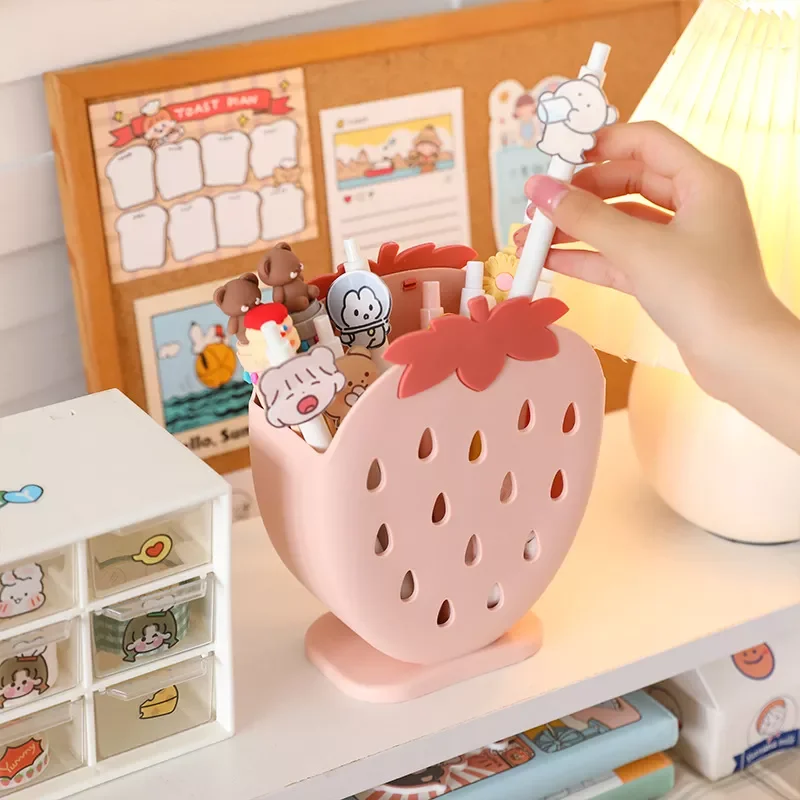 

2022NEW Multi-function Desk Strawberry Divided Grid Pen Holder Desktop Organizer Makeup Brush Storage Stationery Box Desk Shelf