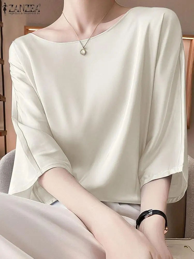 

ZANZEA Satin Women Half Sleeves Tops Summer Fashion Women's Shirt Vintage Silk Elegant Blouses Tops Ladies Casual Shirt