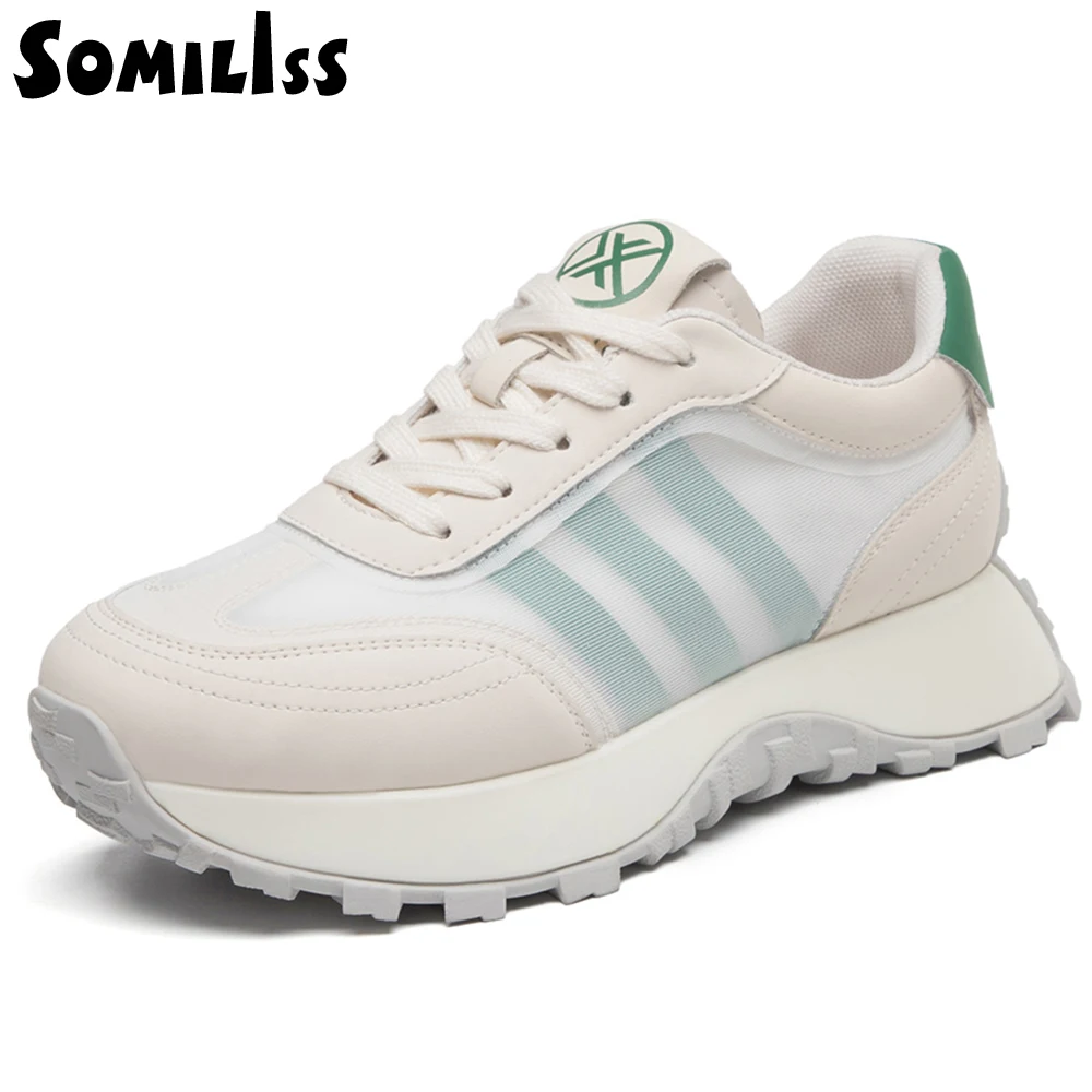 SOMILISS Women Platform Sneakers Genuine Leather Tulle Cloth Patchwork Breathable Lace Up Spring Summer Lady Flat Casual Shoes