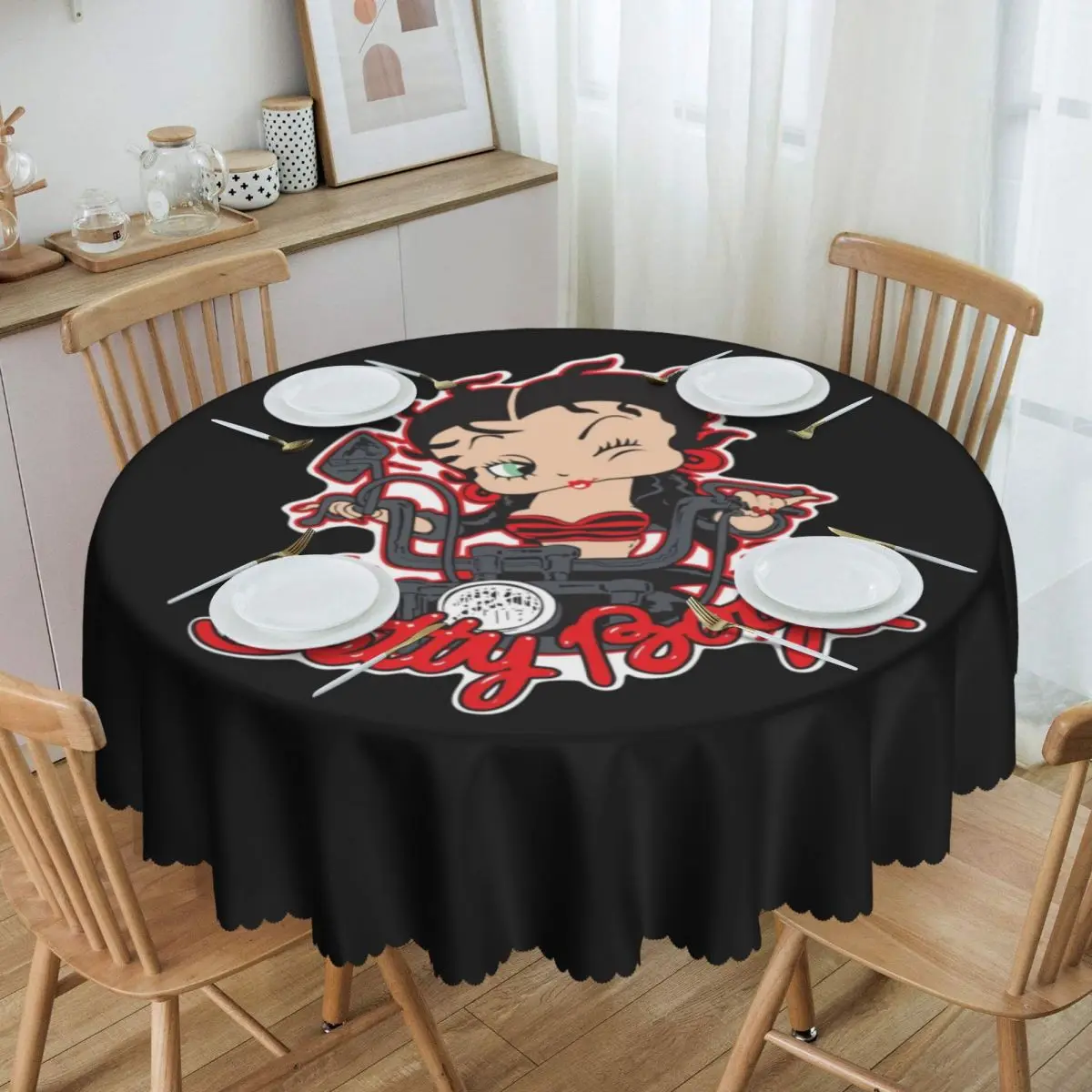 

Cartoon Rider Girl Tablecloth Round Oilproof Bettys Boop Cute Girl Table Cover Cloth for Party 60 inches