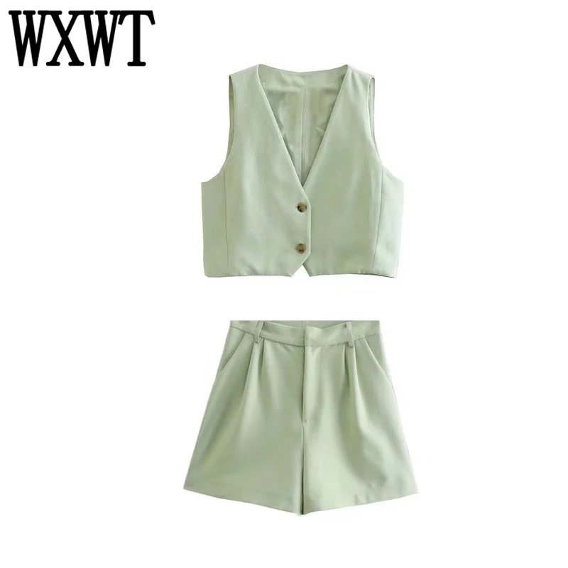 

WXWT Women Fashion Summer Green Sets Sleeveless Single Breasted Crop Vest With Casual Shorts Ladies Outfit OP9925