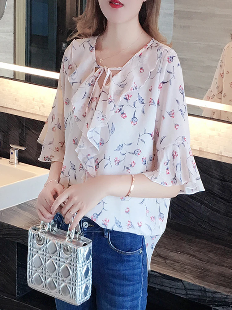 

Шифоновая женская блузка с цветочным принтом и V-образным вырезом, рубашка с оборками и рукавом до локтя, Повседневная Уличная одежда, женск...