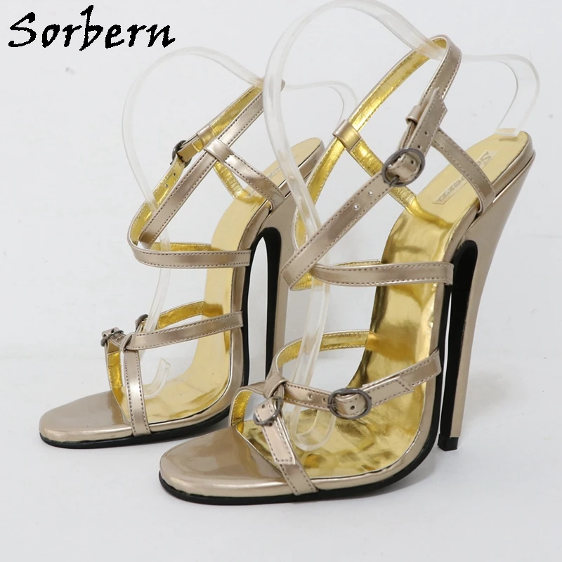 

Sorbern Gold Genuine Leather Sandals Women Slingback Buckles Stilettos High Heel Fetish High Arch Cross Straps Custom Colors