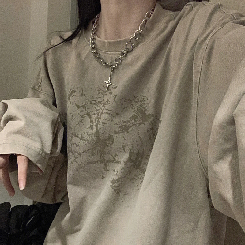 

Summer Harajuku Khaki Long Sleeve Tshirts Women Y2k Vintage Print Tees 90s Streetwear Graphic T Shirts Girls Oversize Loose Tops