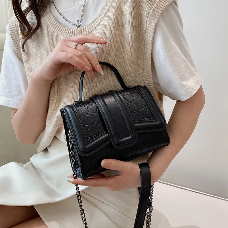 

New Shoulder Bag Women Chain Messenger Bag Pu Stone Pattern Satchel Handbag Female Luxury Brand Designer Crossbody Square Bag