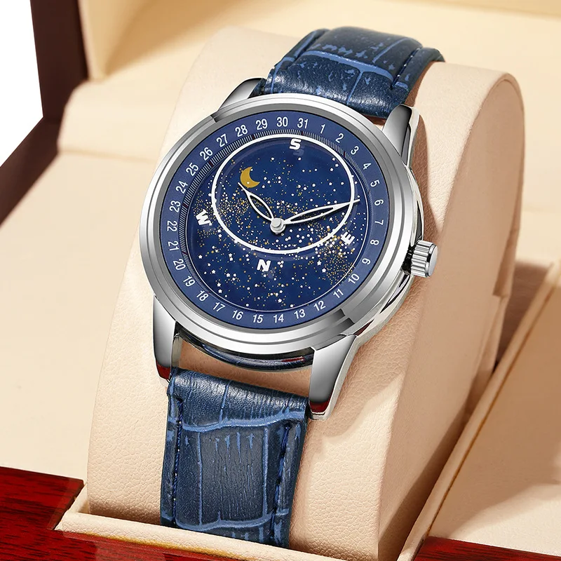 

SMVPFashion Men's Watch Starry Watch Rotating Dial Luminous Casual Quartz Movement Leather Steel Wirstwatch Relogio Feminino