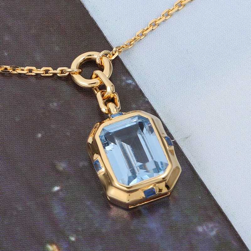 

925 Sterling Silver Pendant Light Blue Gemstone 14k Gold Plated Square Necklace High Jewelry Valentine's Day Gift