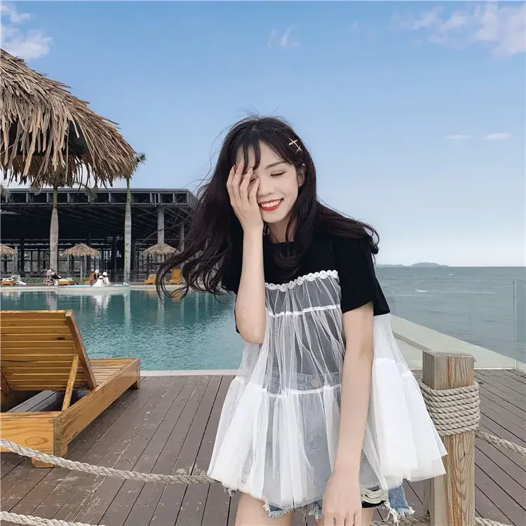 Женские футболки летняя сетчатая простроченная свободная футболка с коротким