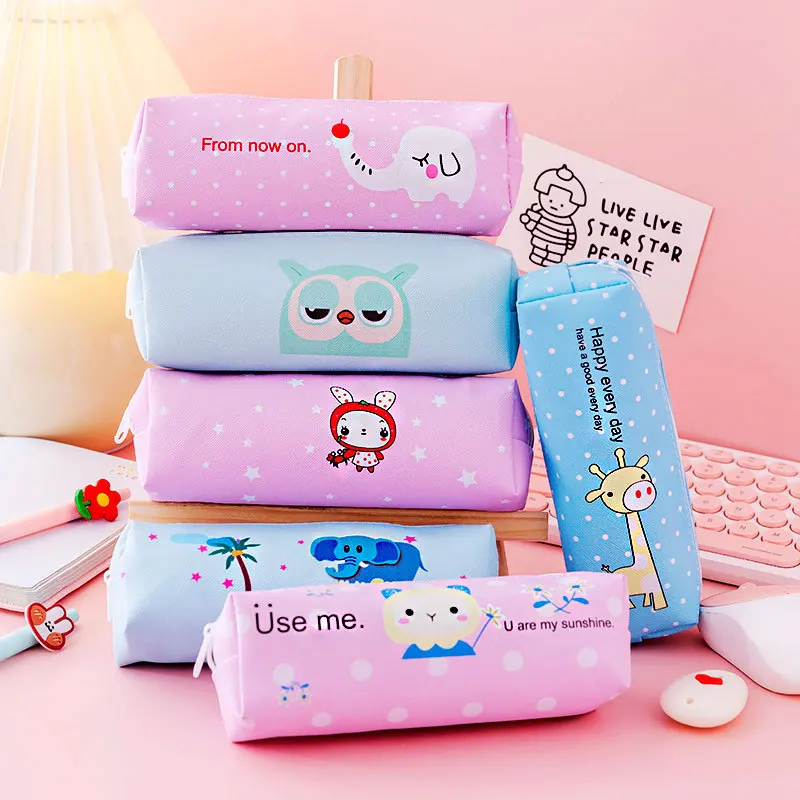 

Simple pu Cute Geometric Pencil Bag Case School Simple Striped Grid Solid Color Pencil Bag Case Pouch Office Students