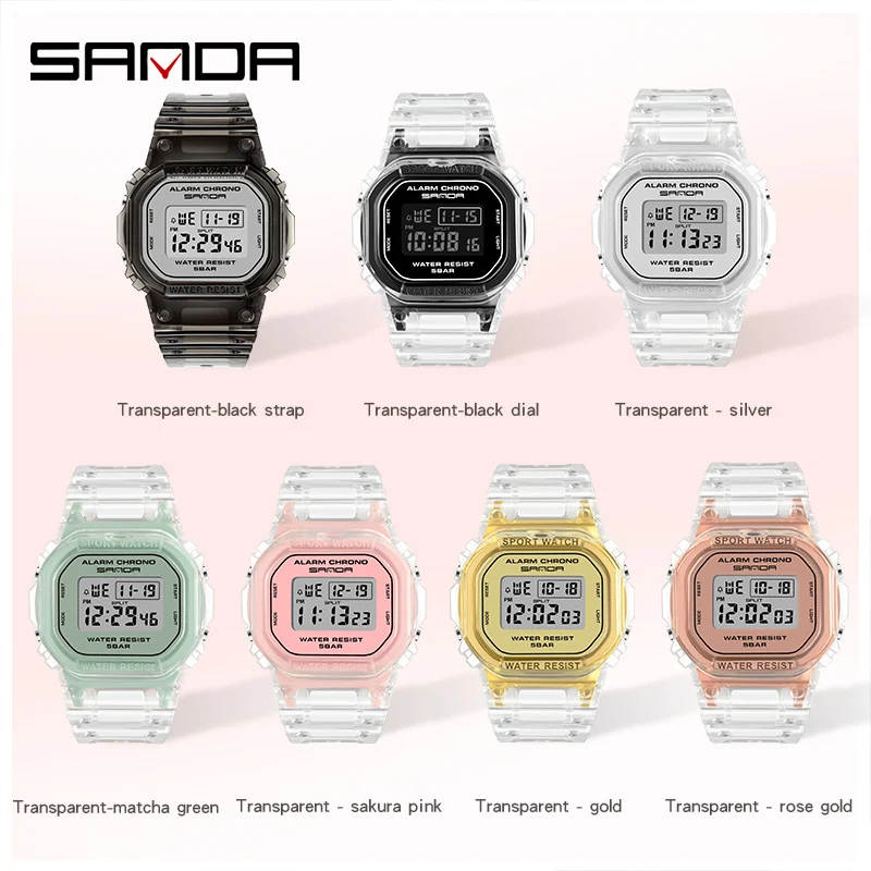 SANDA Outdoor Sports Trend Womens Electronic Watches Transparent Resin Strap HD LED Digital Display 50M Waterproof Reloj Mujer enlarge
