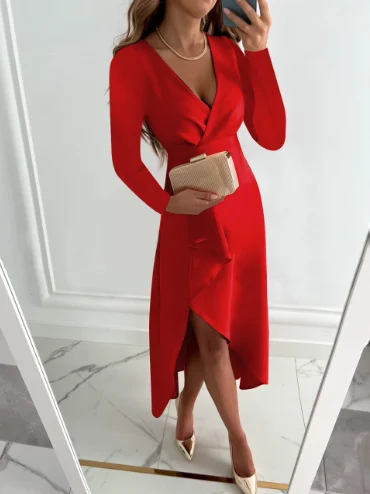 

2022 Best autumn and winter long sleeve V-neck pleated hem split dress for women