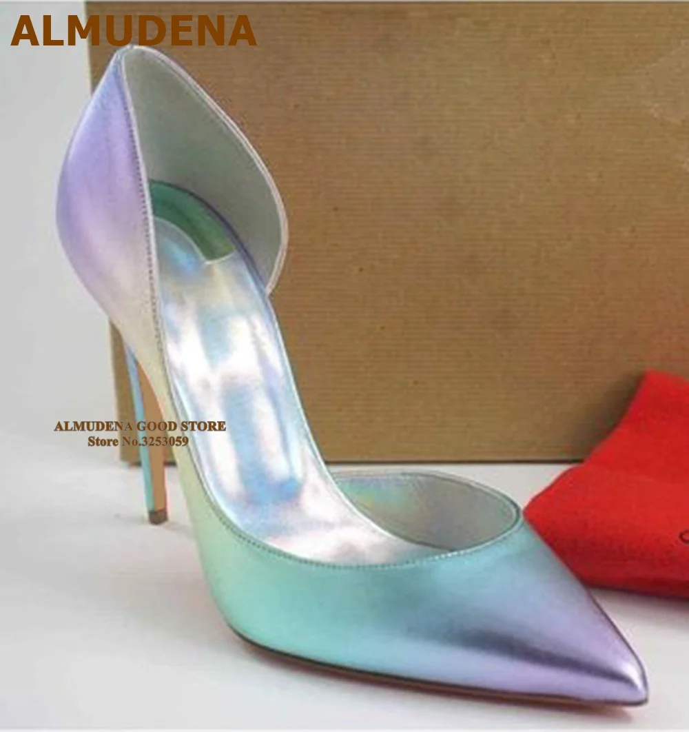 ALMUDENA Gradient Multi-color Fluorescent Matte High Heel Shoes 12cm 10cm 8cm Shallow Pointed Toe Dress Pumps Colorful Slip-on