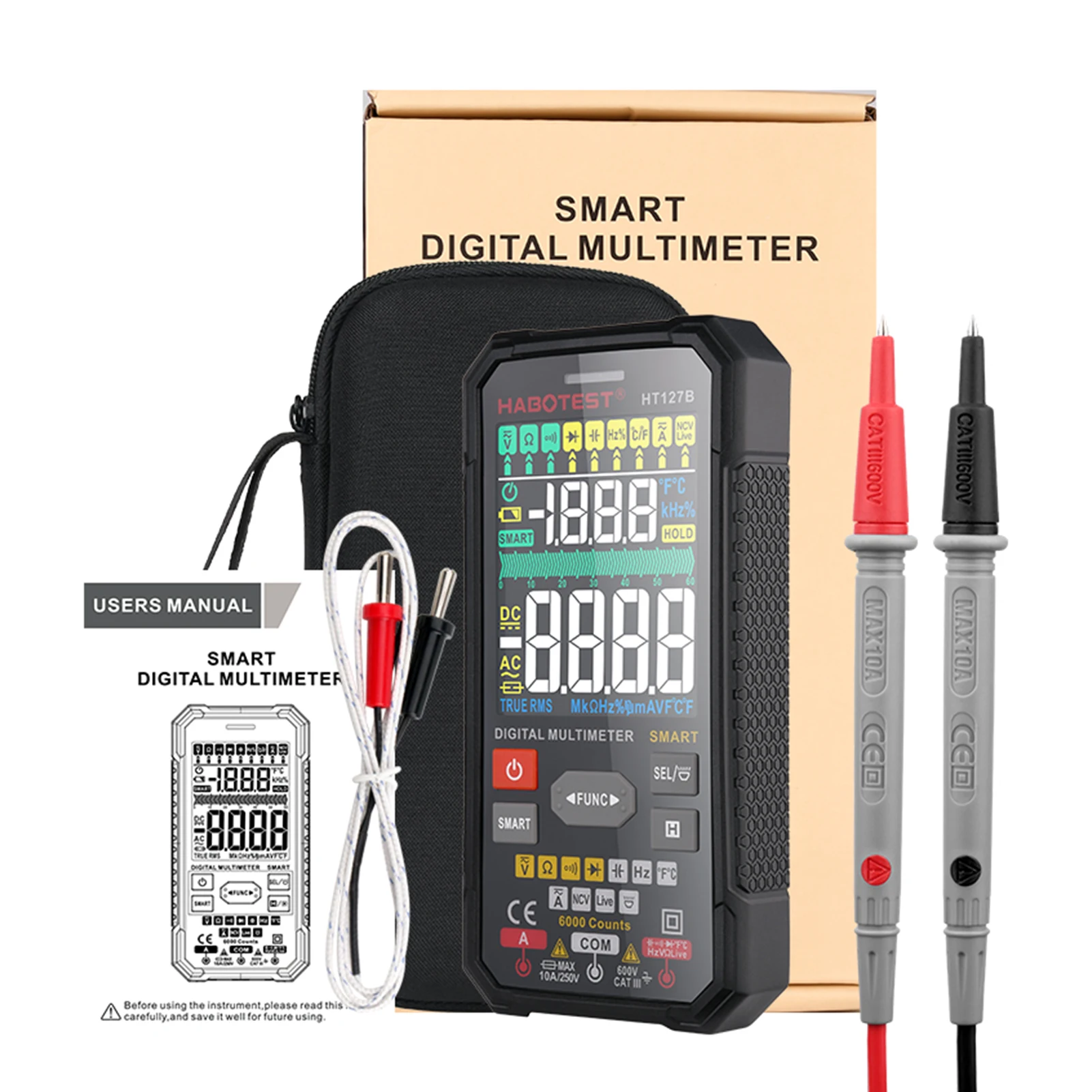 

HT127A TN / HT127B VA Smart Digital Multimeter 3.1-inch LCD Display 6000 Counts Meter Auto Range True RMS Meter NCV Tester