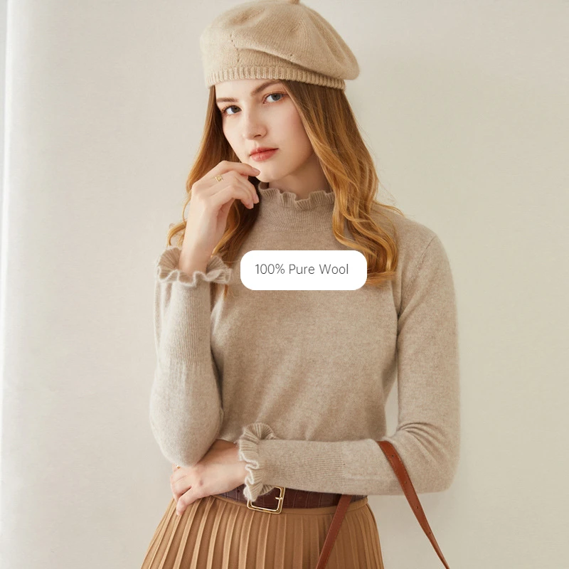 

2023 Autumn and Winter New Semi-high Round Neck Cashmere Sweater Women's Wool Sweater Loose and Thin Hedging Wood Ear Collar Top