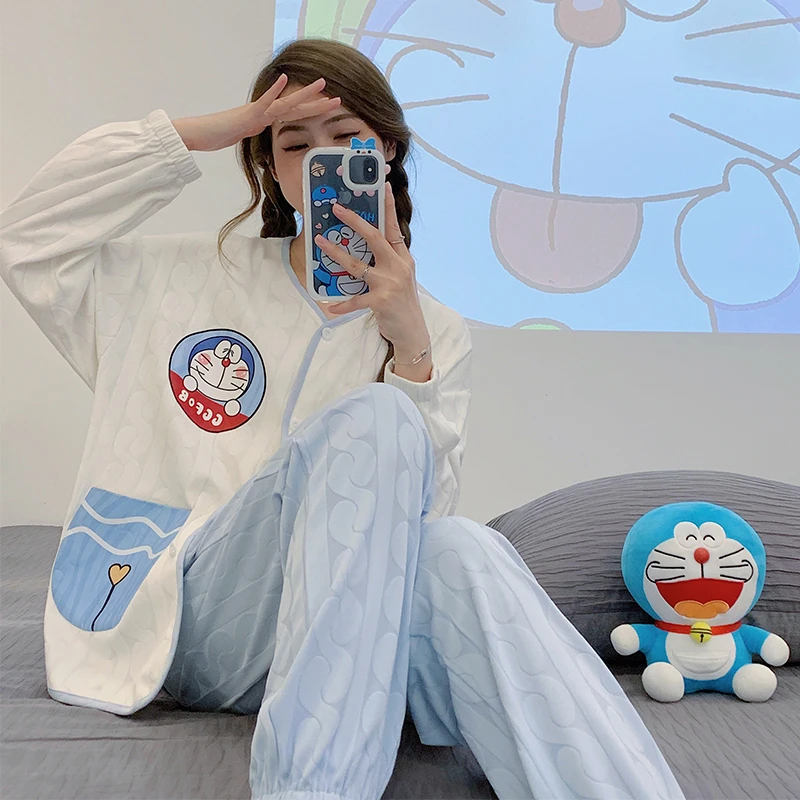 Women Pajamas Sets Spring Sleepwear Cartoon Doraemon Pyjamas Pour Femme Loose Long Sleeve Girl Pijamas Mujer Ladies Pajamas Suit