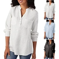 2022 summer women shirts solid color loose oversized blouses female top pockets cotton and linen casual shirt