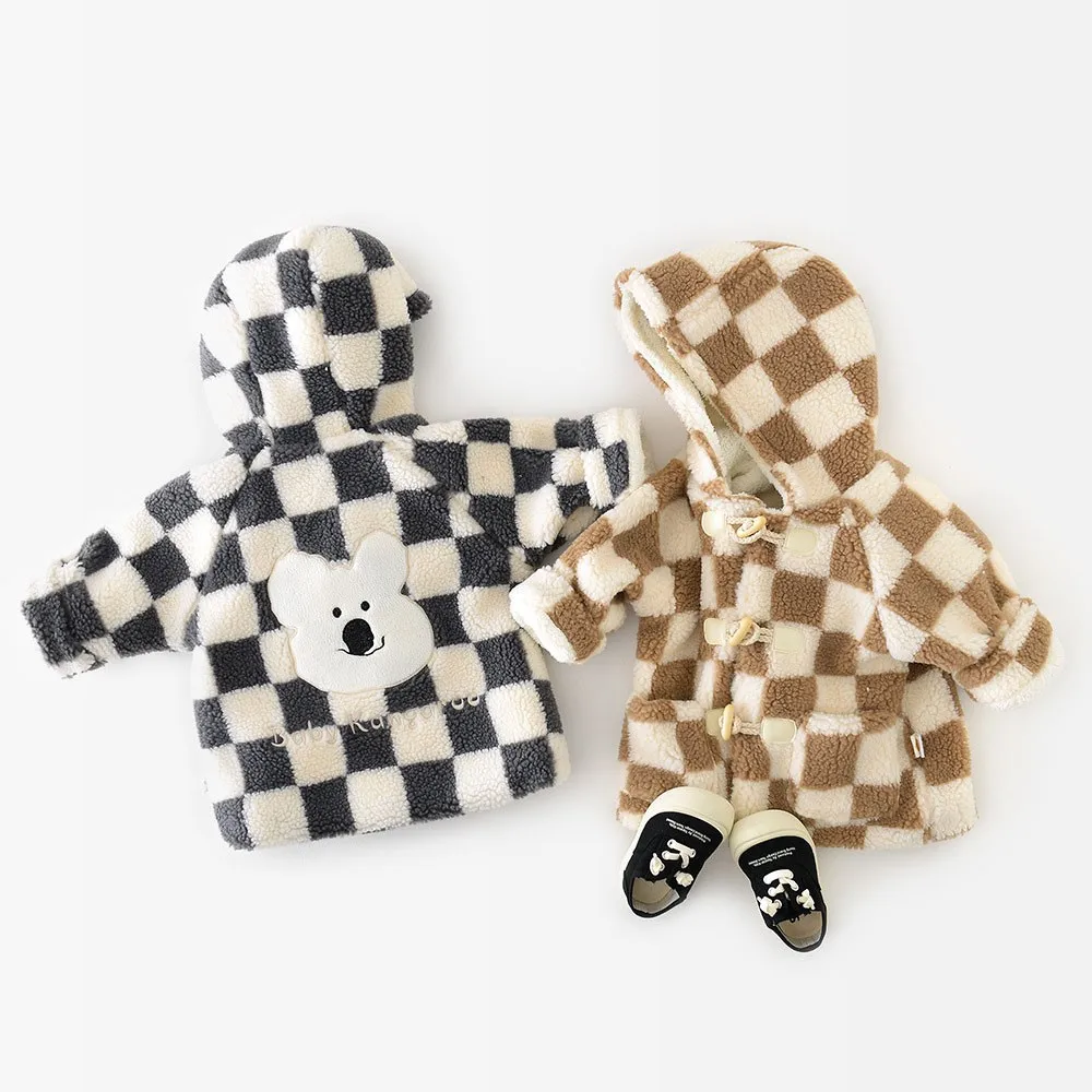 

Baby Medium Length Fluffy Coat Girls Fashion Plaid Hooded Single Breasted Outwear Boy Warm Fleece Cute Cartoon Patch Cardigan