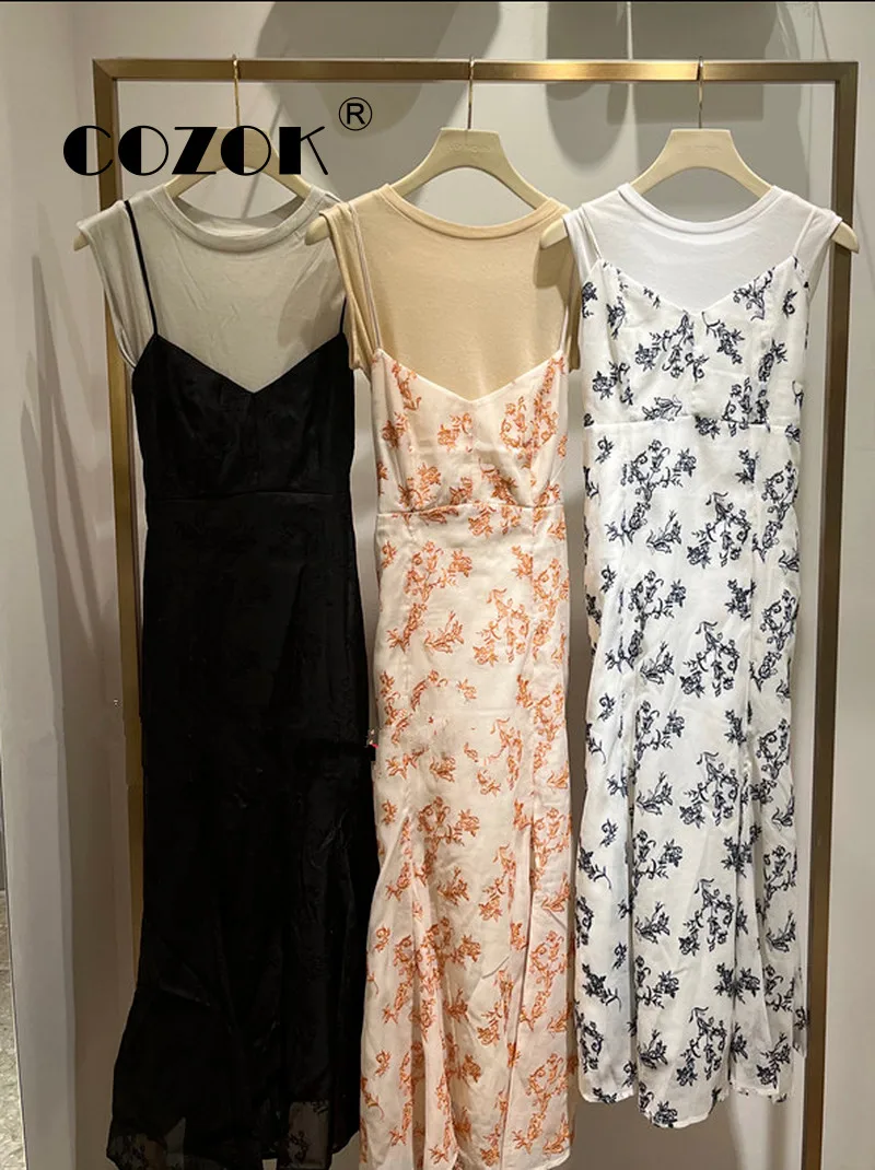 

Cozok Japanese Sweet Two-Piece Set Thin Solid Sleeveless Vest T-shirt + V-neck Flower Embroidered Suspender New 2022 Women Dress