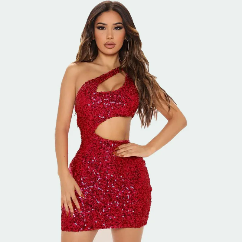 Women Sexy Sequin Mini Dress One Shoulder Sleeveless Fashion Hollow Out Party Club Dress Bodycon Homecoming Cocktail Dresses