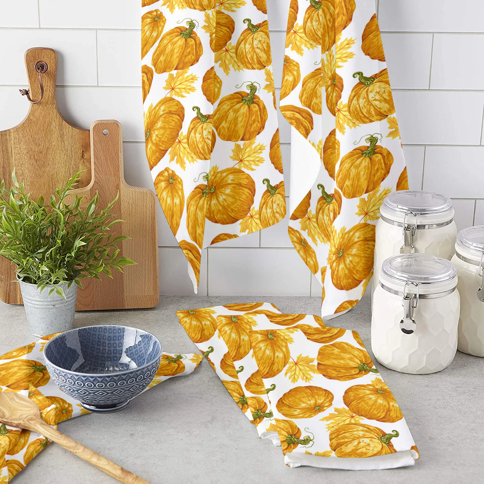 

Осеннее полотенце из микрофибры с изображением оранжевой тыквы клена, впитывающая ткань для мытья кухни, полотенце для посуды