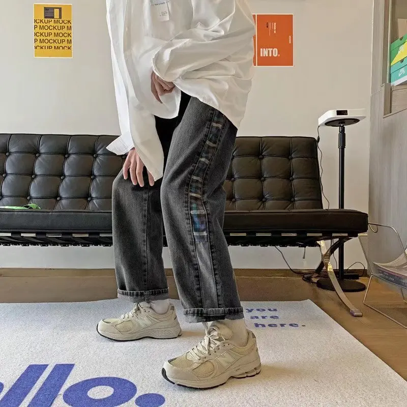 

Plaid Stitching Jeans Men's and Women's Tide Brand 2021 New Straight Loose Wide-leg Pants Ins Hong Kong Style High Street