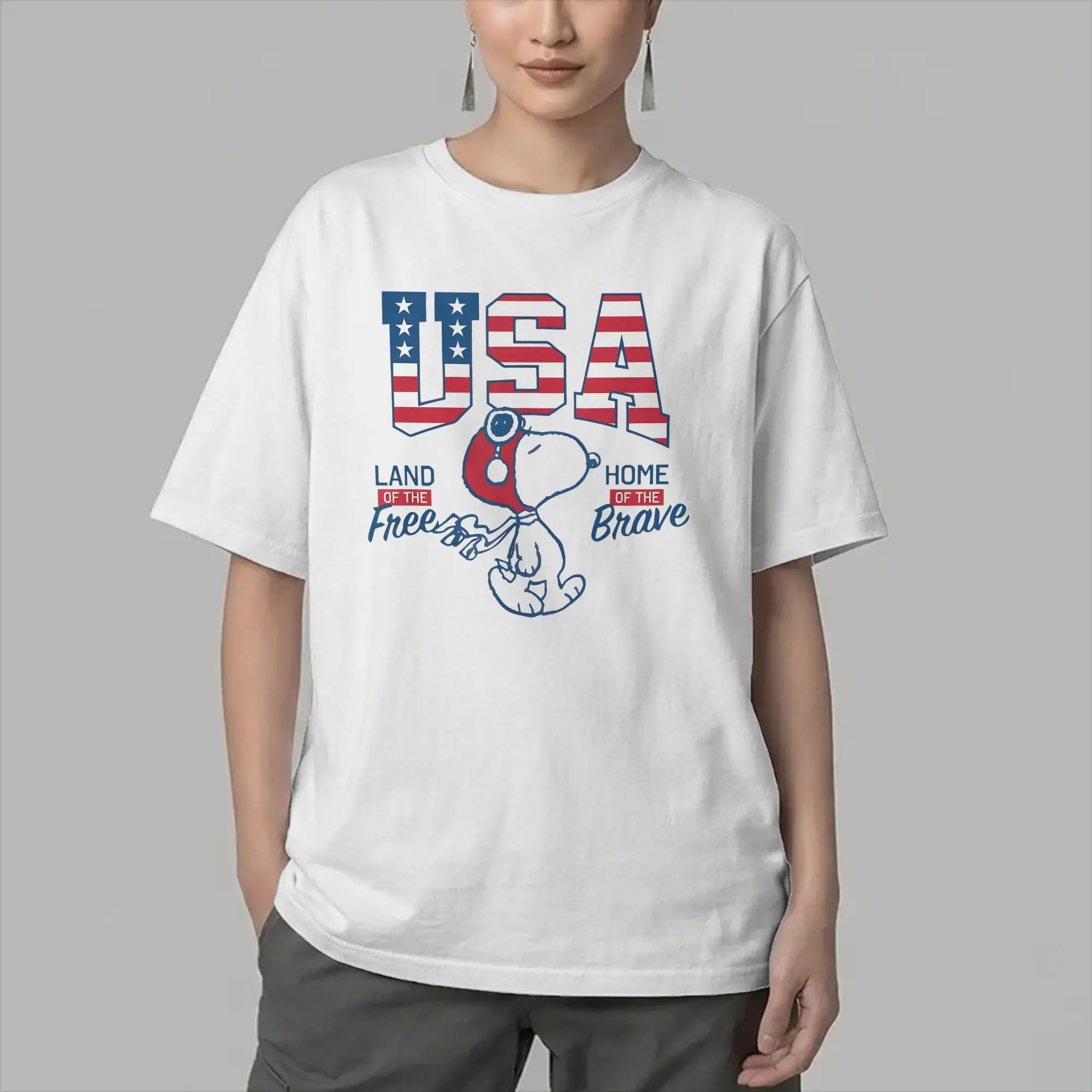 Фото Футболка Snoopys Flying Ace с флагом США для мужчин, забавная футболка из чистого хлопка, футболки с круглым воротником, топы с короткими рукавами, подарок на день рождения №2
