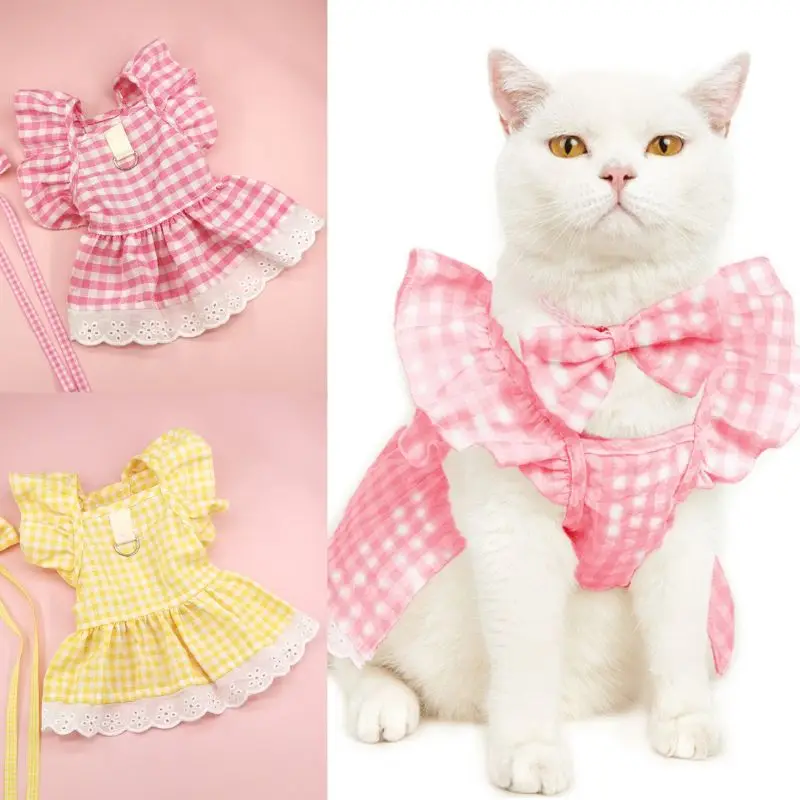 

New Lovely Flying Shoulder Sleeve Plaid Skirt Summer Dog Sweet Clothes With Lace Fashionable Pet Supplies Comfortable Puppy Vest