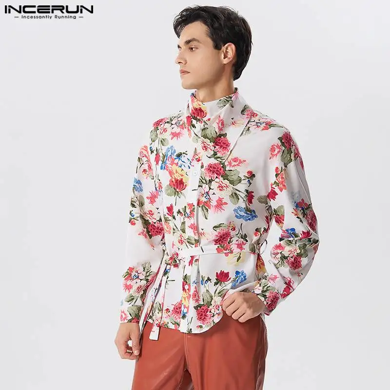 

Men Casual Shirt Flower Printing Turtleneck Streetwear Long Sleeve Button Down Men Clothing 2023 Camisas With Belt S-5XL INCERUN