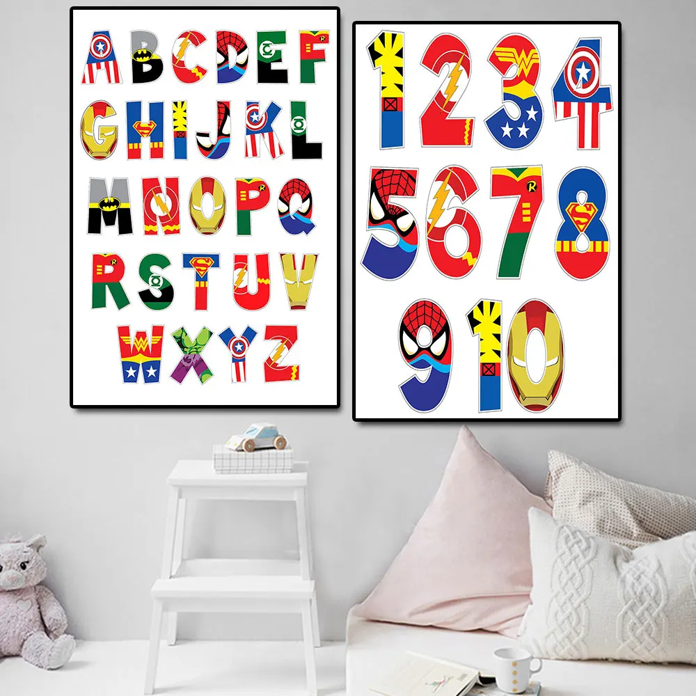 

Marvel Superhero The Alphabet Canvas Painting Spiderman Cartoon Poster and Print Wall Art Picture for Nursery Bedroom Decorative