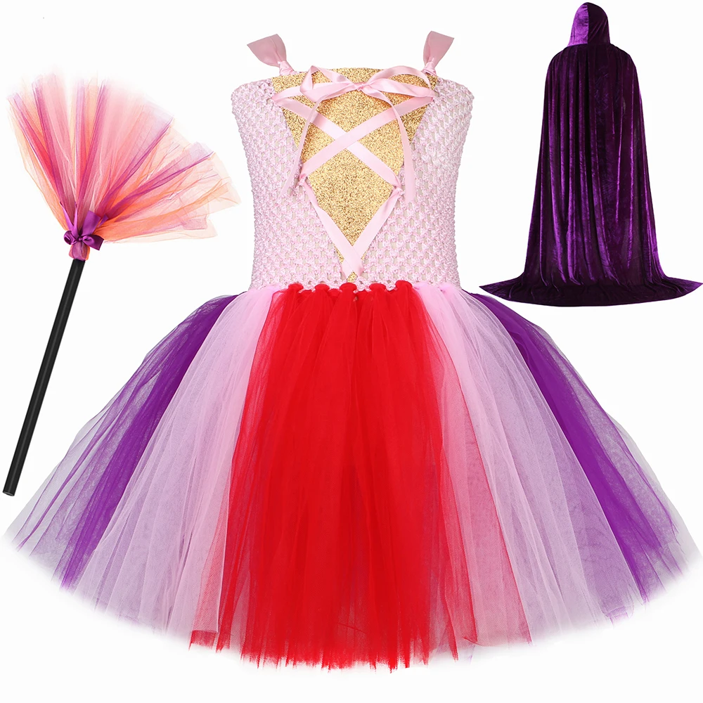 

Hocus Pocus Witch Costume for Girls Halloween Carnival Party Dresses Cape Broom Kids Fancy Sanderson Sisters Tutu Princess Dress