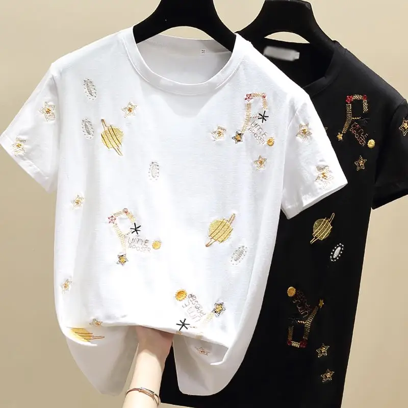 

Y2K Embroidery Daisy T Shirt For Women Cartoon O-neck Short Sleeve Tops 2022 Summer Tops Female Casual Black T-shirts H104