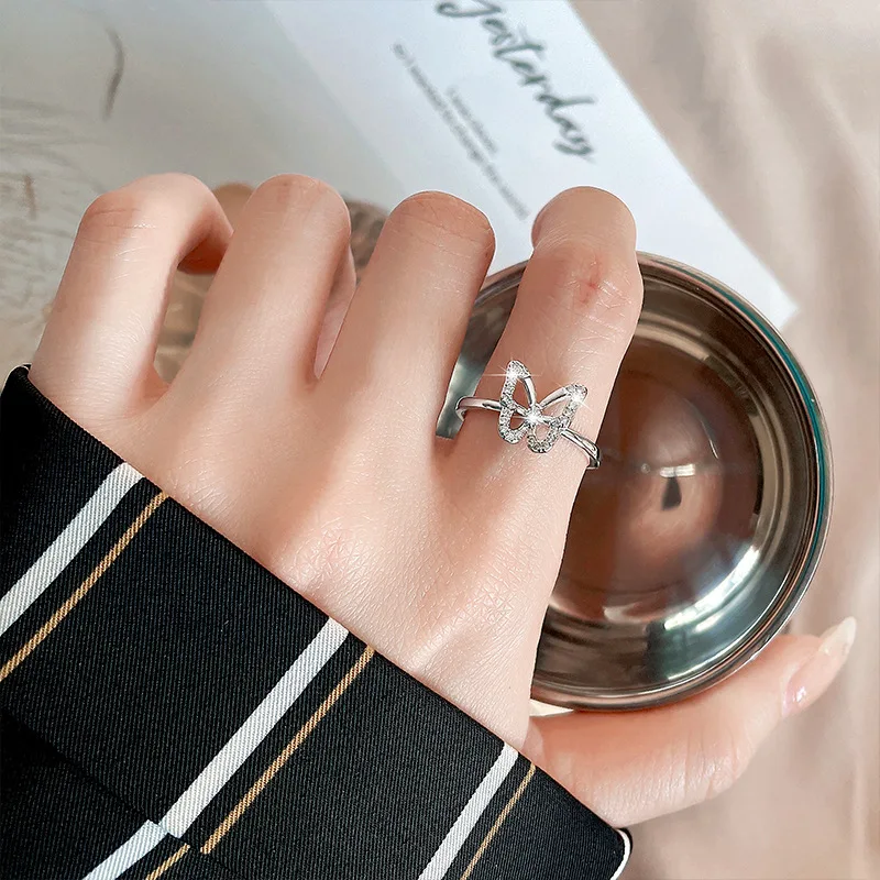 Модные кольца серебряного цвета с кристаллами и бабочкой Регулируемые Стразы