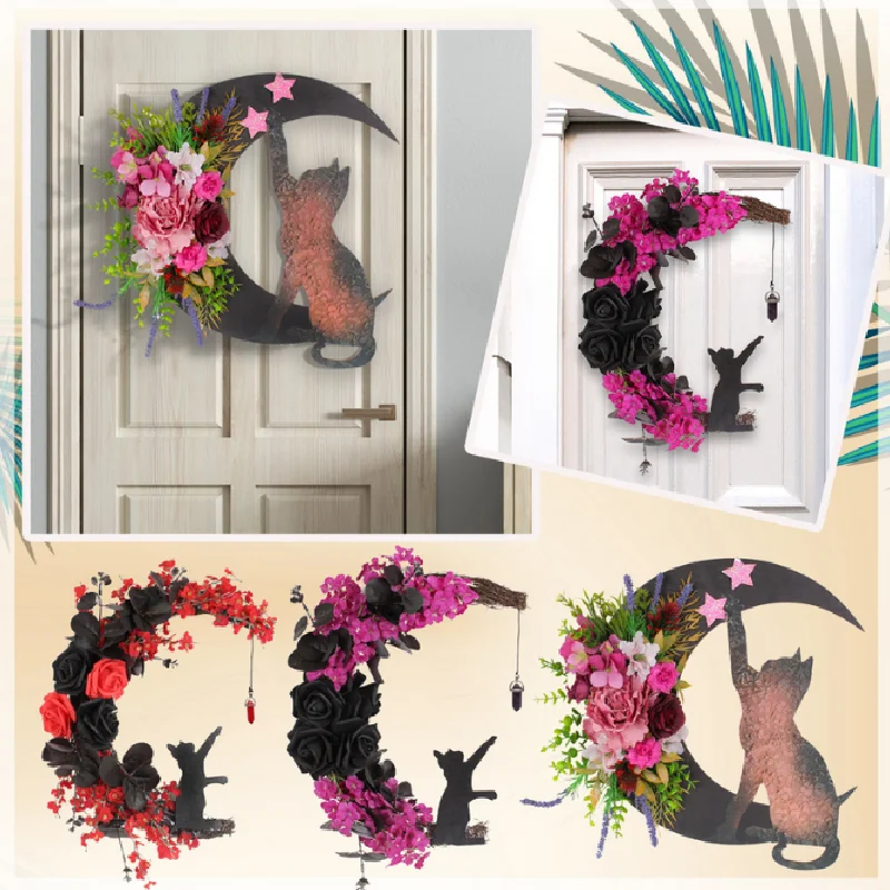 

3 Style Moon Shaped Door Wreaths Halloween Holiday Decorations Welcome Sign Goth Roses Black Cats Garland Front Door Ornament