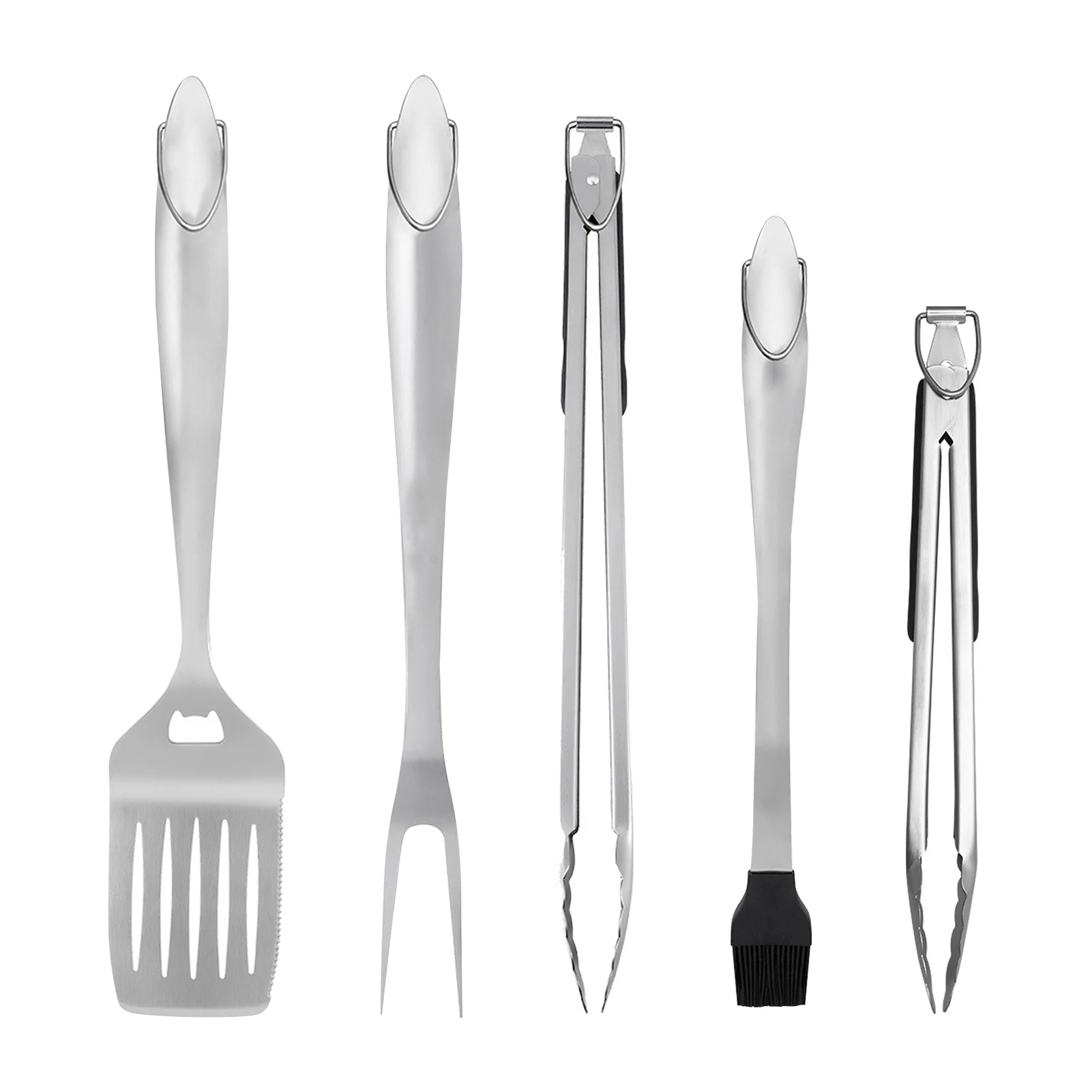 

5pcs BBQ Tool Set Stainless Steel Picnic Tong Fork Spatula Outdoor Durable Kitchen Gift Basting Brush Utensil Grill Accessories