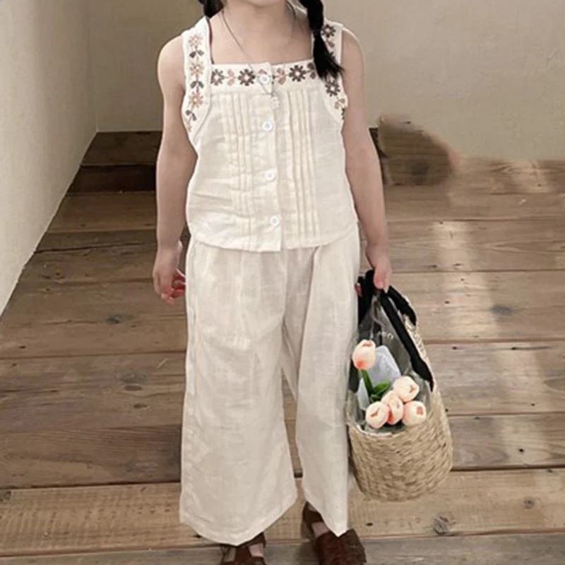 

2023 New Embroidered Sleeveless Suspender Top+Pants 2Pcs Kid Clothes Girl Children Suit For 3-7 Years