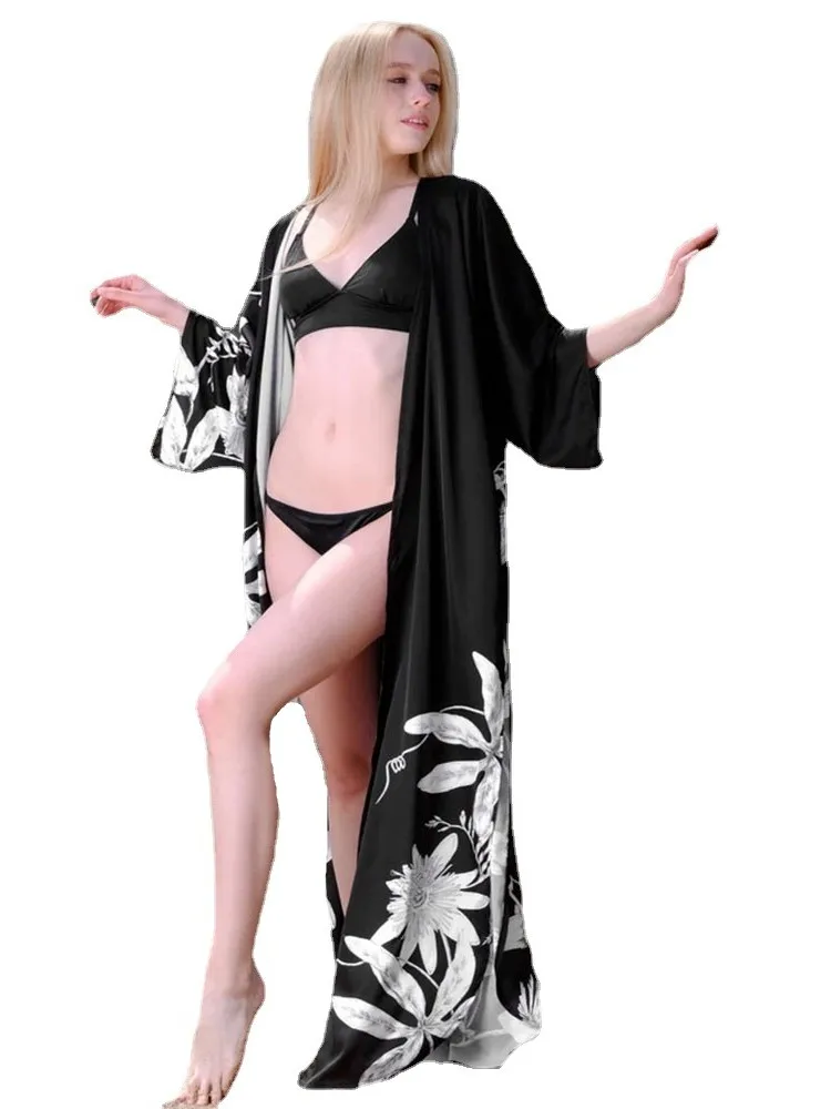 

Summer Maxi Dress Cover Up Women Cardigan Full Sleeve Robes Sundress Fashion New Floral Print Beachwear Long Dress Cover Up 2022