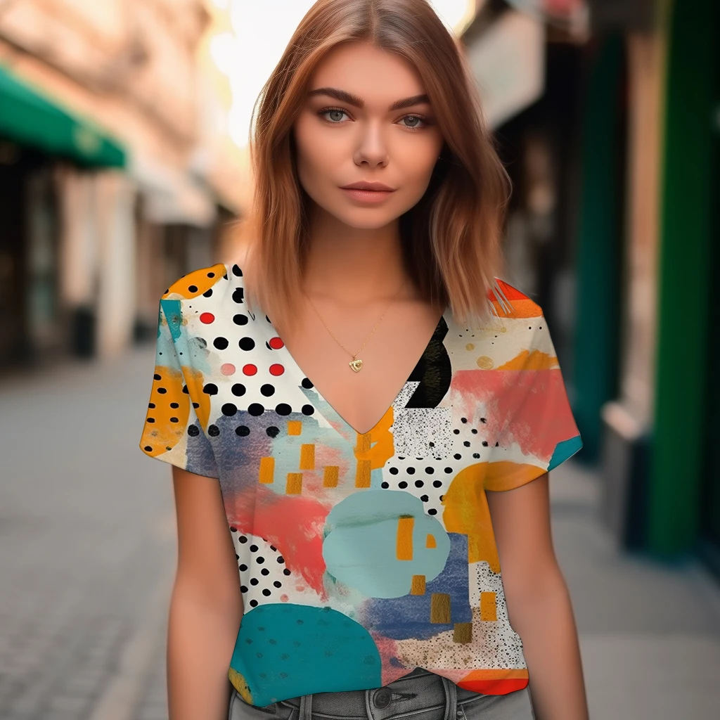 

Футболка женская с V-образным вырезом, Элегантная Модная Уличная Повседневная Свободная рубашка, с коротким рукавом и 3D-принтом, топ с графическим принтом, на лето