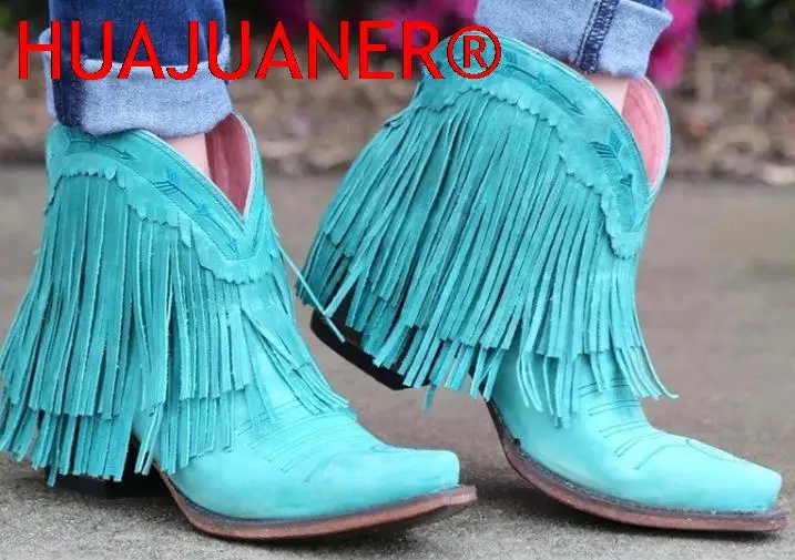 

2022 Women Mid-calf Low Heel Bohemia Motorcycle Boots Fringed Cowboy Boots Shoes Spring Autumn Women Martin Boots Botas Mujer
