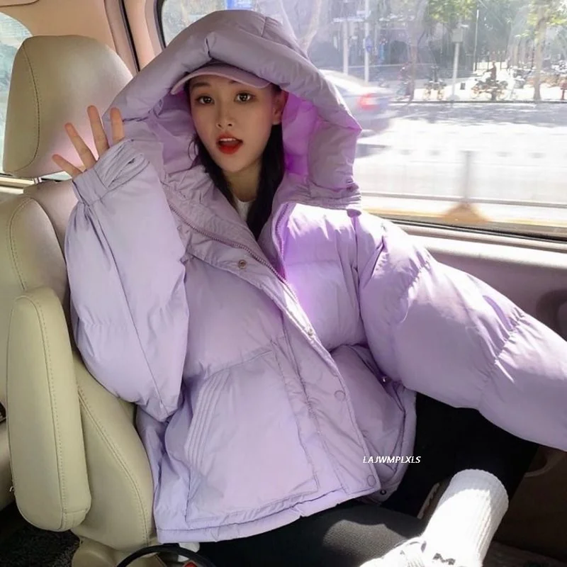 

Women Candy Color Outerwear Hooded Warm Pocket Elegant Jackets 2021 Winter Cotton Coats Loose Solid Sweet Female College Coat