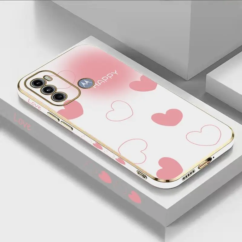 

Pink Heart Luxury Plating Phone Case For Motorola Moto G60 G50 G53 G52 G42 G30 G20 G22 G52 E20 G9 Play Cover
