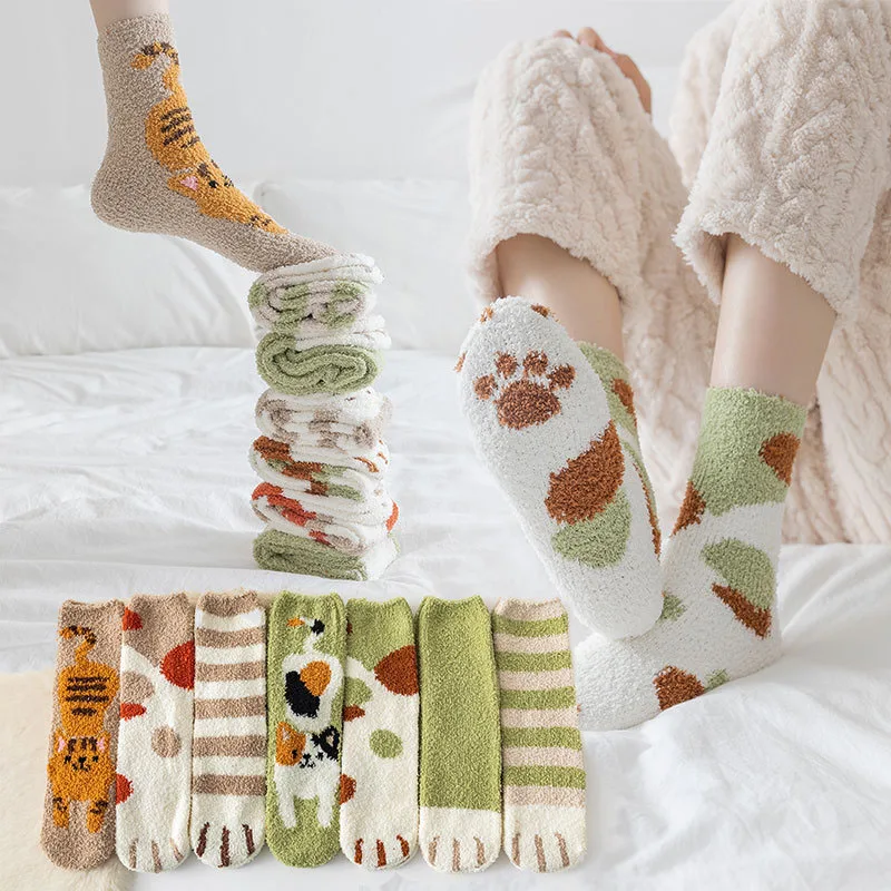 

Women Fluffy Soft Sleep Sock Cute Breathable Cat Paw Socks Girls Warm Home Floor Sock Short Socks Fashion Coral Fleece Socks