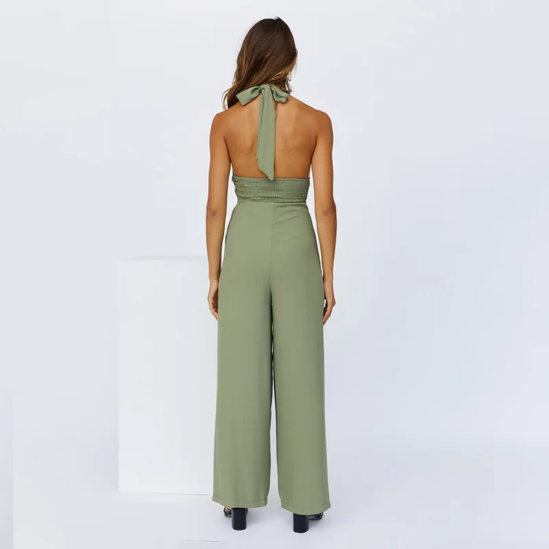 Backless Halter Sleeveless Wide Leg Long Pants Jumpsuit Green Casual Elastic Waist Sold Summer Beach Overalls Femme