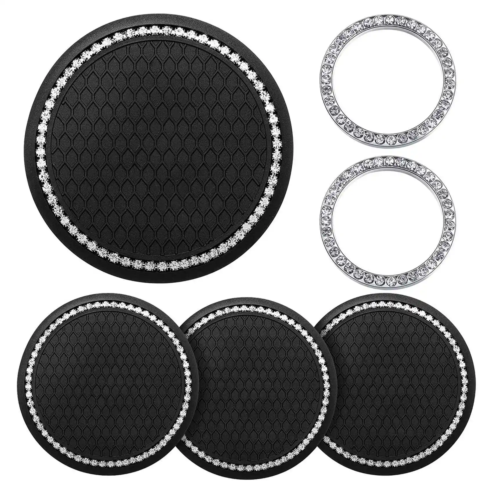 

4Pcs Car Bling Cup Coaster Accessories 2.75Inch Rhinestone Anti Slip Insert Coaster and 2Pcs Car Engine Bling Stickers B