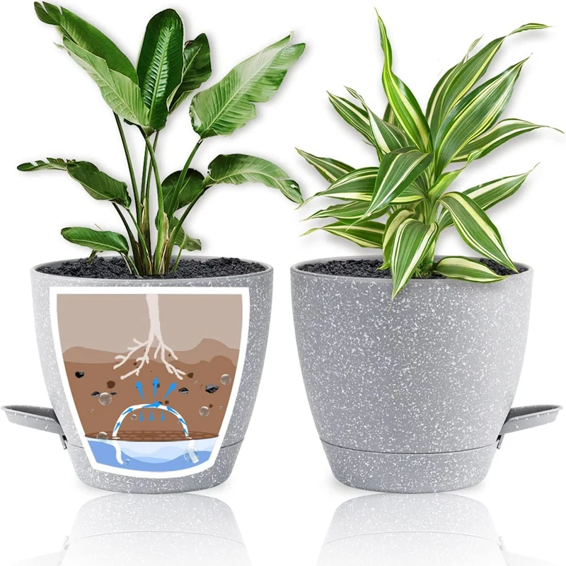 

8 Inch Self Watering Plastic Planters For Indoor Plants, Speckled Plant Pots With Drainage Holes And Watering Lip 2 Pack