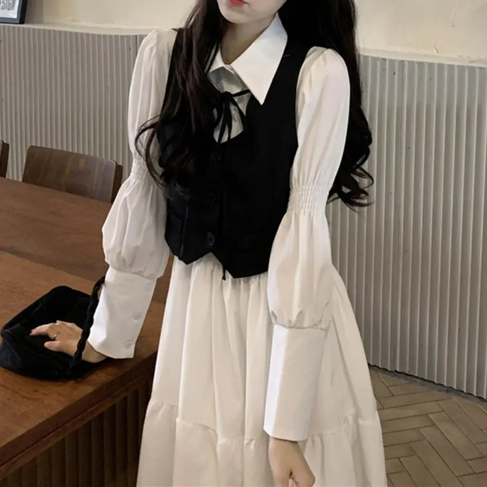 

2Pcs/Set Midi Dress Popular Soft Ruffle Decor for Vacation Cardigan Dress Shirt Dress